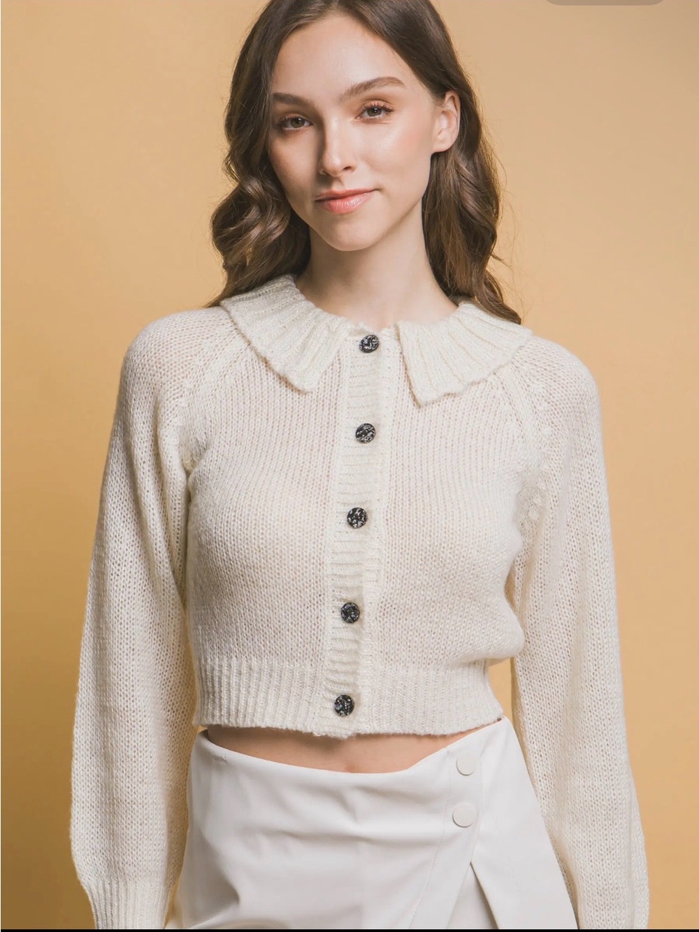Cropped Cream Button-Front Knit Sweater with Peter Pan Collar